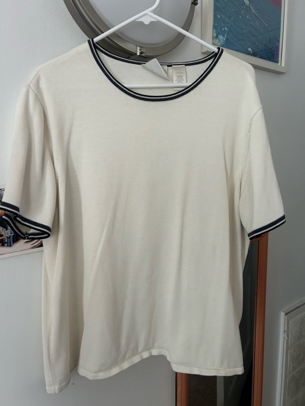Liz Claiborne Cream Short-Sleeve Knit Shirt with Navy Trim
